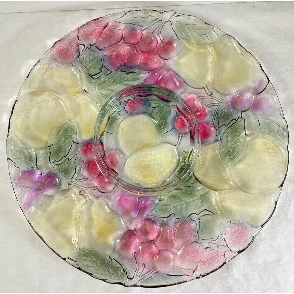 Rainbow Garden Chip & Dip Plate Serving Platter Vintage Indiana Glass 13" Fruit